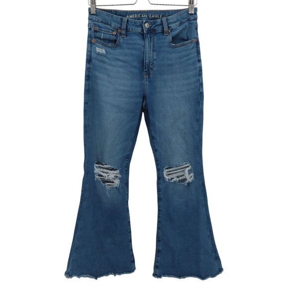 American Eagle Women 6 Extra Short Super High Rise Flare Denim Jeans Distressed - Picture 1 of 15